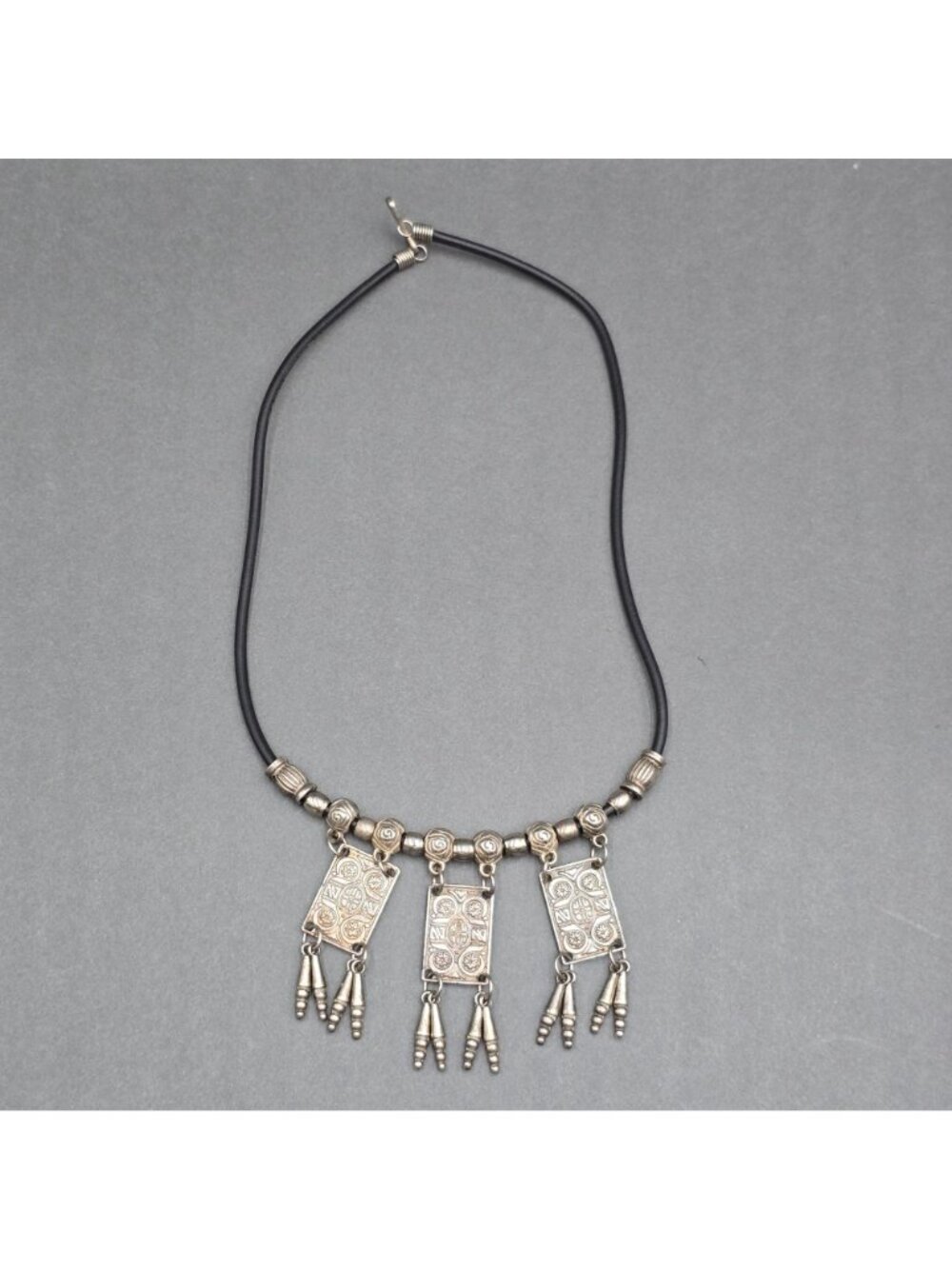 Vintage Tribal Panel Fringe Necklace Silver Tone Leather Cord Boho Statement - Picture 10 of 16